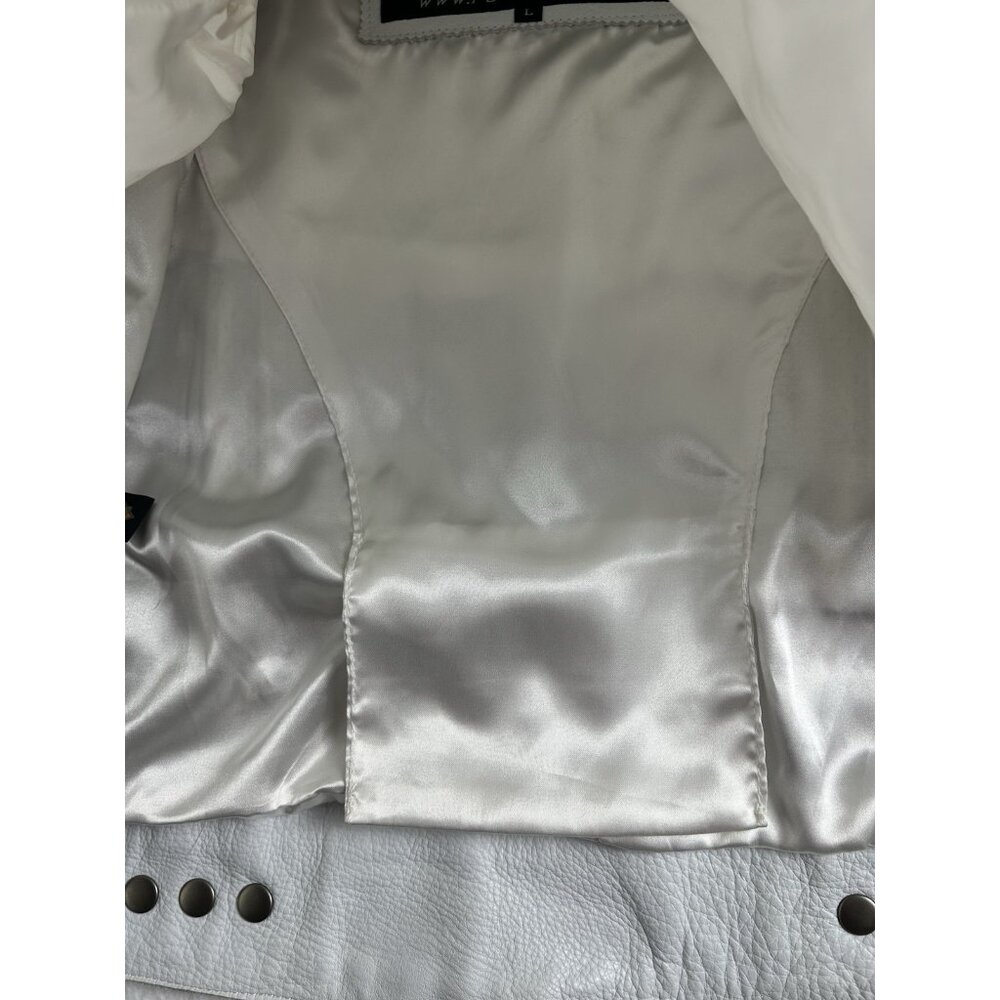 Power Trip Women's Leather Zip Up Motorcycle Jacket Large Cream/Silver Grey - Picture 14 of 16